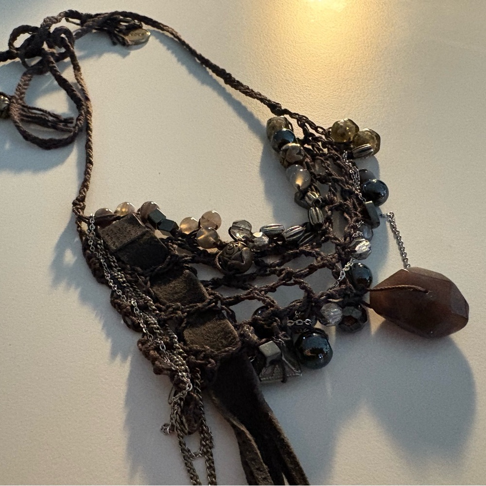 Bohemian Charcoal Grey Woven, Leather & Beaded Necklace